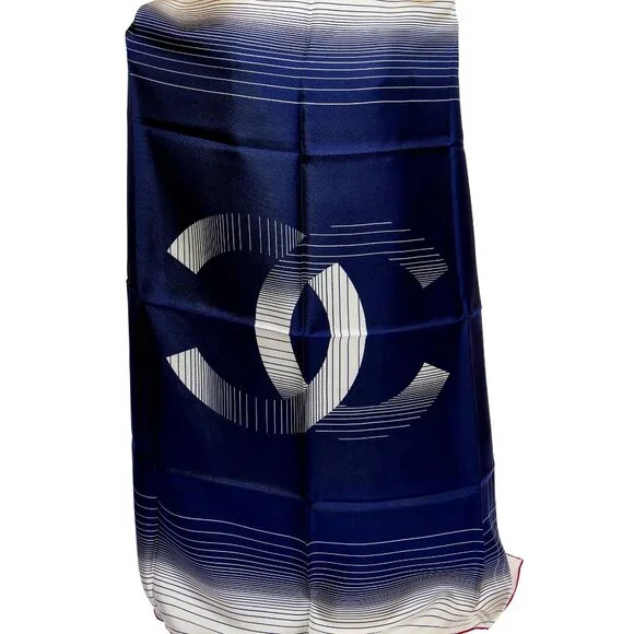 CHANEL BLUE SILK CC LOGO SHAWL - Picture 1 of 11